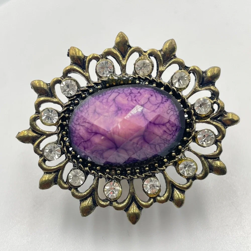 Vintage Purple Faux Agate Statement Ring Antique Gold Tone Rhinestone Stretch
